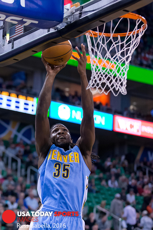 Feb 3, 2016; Salt Lake City, UT, USA; Denver Nuggets forward Kenneth Faried (35) goes up for a shot during the first quarter against the Utah Jazz at Vivint Smart Home Arena. Mandatory Credit: Russ Isabella-USA TODAY Sports