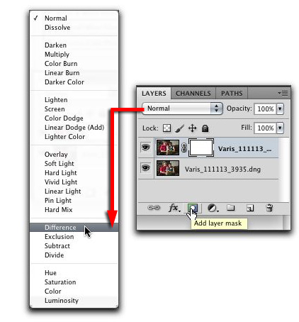 Add a white layer mask and change the blend mode to Difference