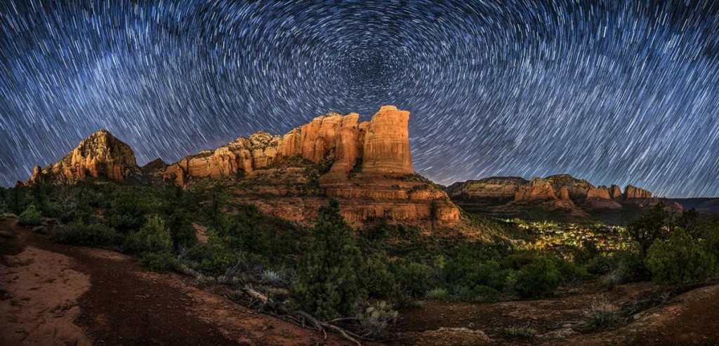 Two row star trail panorama with overexposed foreground