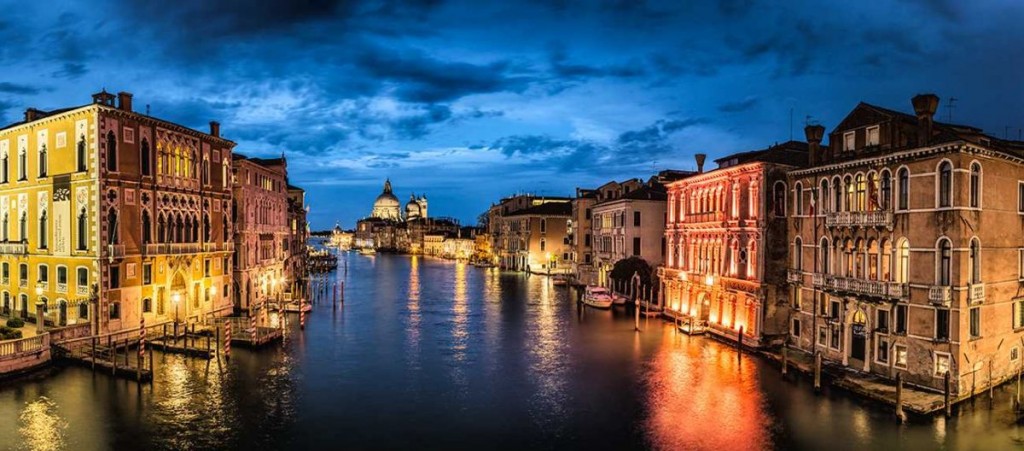 Panorama after dark in Venice, Italy