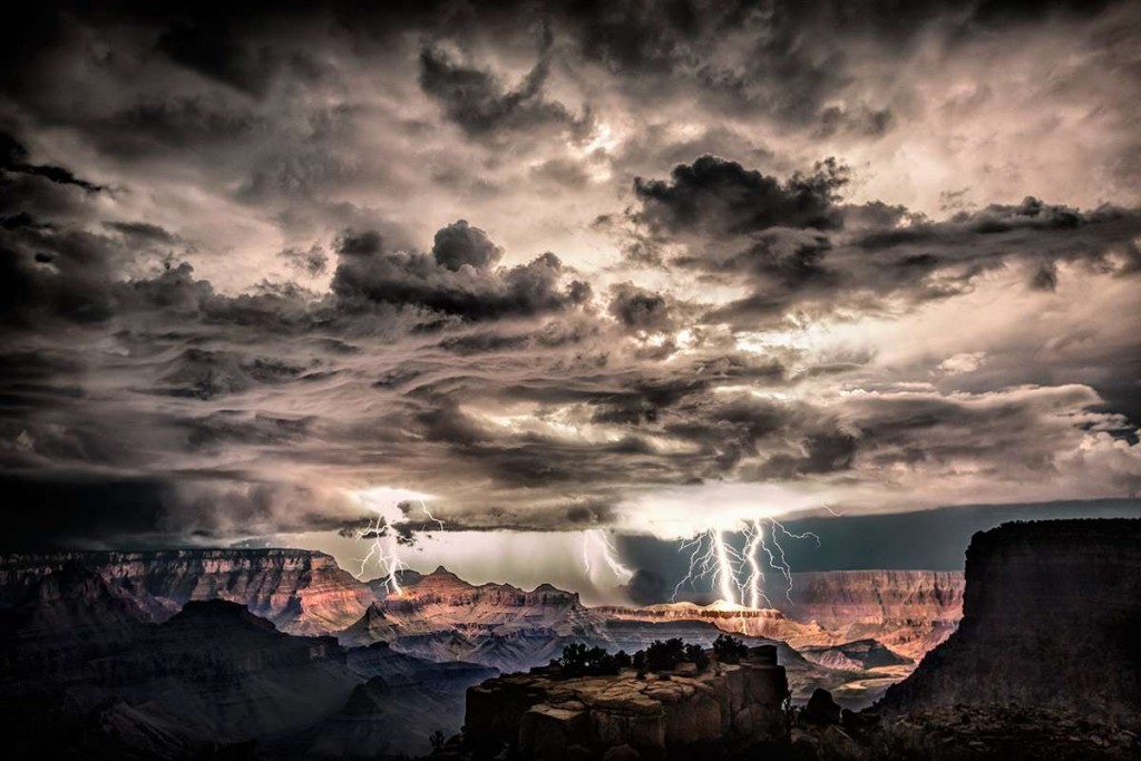 Lightning storm in the Grand Canyon. Shot this image at Morna Point in the Grand Canyon on August 30th, 2013. I was there with my girlfriend and my friend Rolf Maeder, and told them I wanted to stay after dark to hopefully get lucky enough to capture lightning over the Grand Canyon. This was my biggest wish in the world as living in Sedona for the past 2 years, I had been teaching people how to shoot lightning and Rolf and my girlfriend were very excited too. When I saw the first bolt, I screamed to both of them to get their cameras and I lightpainted the foreground for both of them and stayed there for hours shooting that amazing night. This is a single shot where i was able to get three different lightning bolts. I post processed it in raw and used Nik Color Efex to bring out more detail.