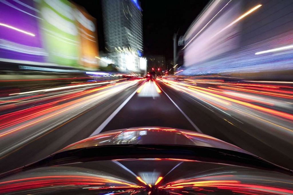 Car trails in Downtown LA after a Laker game